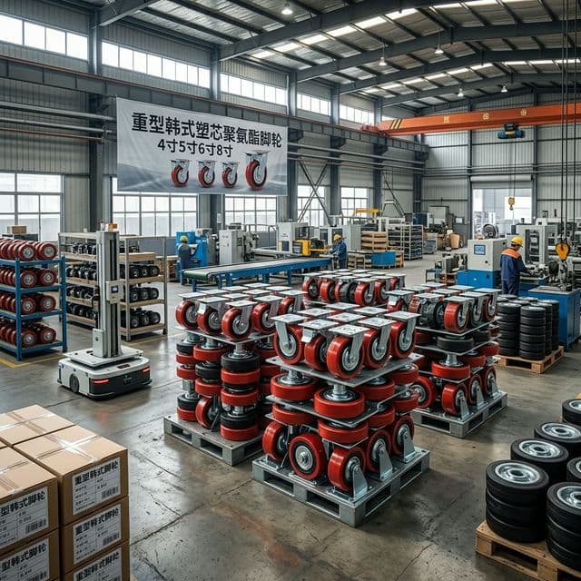 AGV wheel factory production line with stacked inventory