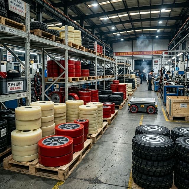 Wholesale AGV wheels organized on warehouse shelves